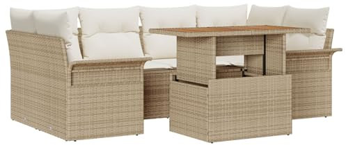 vidaXL 7-teiliges Garten-Sofa-Set mit Kissen in Beige aus Poly-Rattan und Akazie für Terrasse oder Balkon. Bequeme Sitzgelegenheit mit Stauraum.