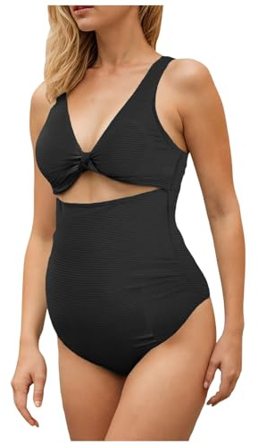 Umstands Badeanzug Einteilig Mit Schleife Vorne V-Ausschnitt Schwangere Damen Umstandsbadeanzug Einteilige Schwangerschaft Bademoden Umstandsbademode Mutterschaft Badeanzug für Schwimmen Strand (S)