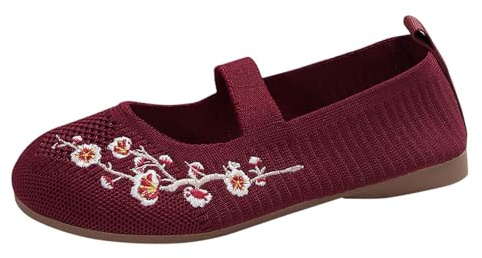 Ballerine da donna comode slip on sneaker, morbide e sportive, da ballo da donna, in tessuto traspirante, a maglia piatta, con ricamo squisito, Colore: rosso, 37 EU