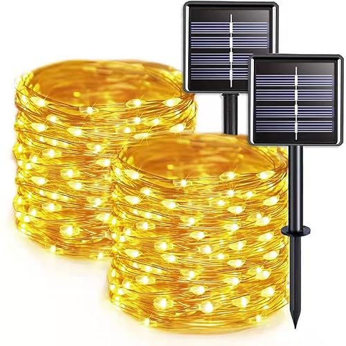 Syzplnwy Confezione da 2 luci solari in filo di rame da 31,7 m, 300 LED bianco caldo, 8 modalità di illuminazione per Halloween e Natale, luci impermeabili per esterni (filo argento)
