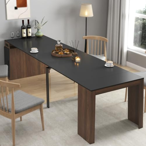 Hennhari Extendable Dining Table for 8-12 People, Expandable Console Table with Power Outlet for Dining Room & Living Room, Space Saving Kitchen Table with Extension Leaves Holder (Walnut Black)
