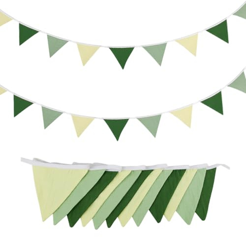 2 Pack Sage Green Bunting Garland, 16.4Ft Double Sided Fabric Triangle Flags for Nursery, Jungle Safari Baby Shower, Boho Birthday Party Decoration, Green Bunting, Happy Birthday Banner