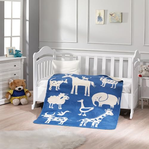 MaxxGoods Kinder Kuscheldecke Blau 100x120cm | Tiermotive Giraffe Elefant Schaf, Hautfreundlich, Pflegeleicht, Für Babys & Kleinkinder