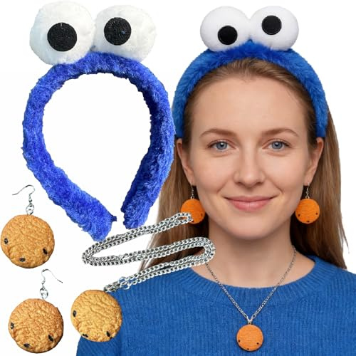 IKSAMY Krümelmonster Kostüm Accessoires Damen - Karneval Monster Haarreif, Keks-Halskette & Ohrringe für Karneval, Fasching, Mottoparty & Cosplay