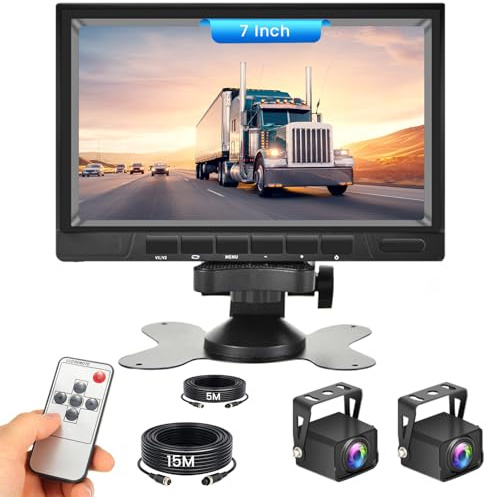 Realdio Set Doppia Retrocamera, Monitor 7 Pollici Split, 12-36V | Visione Notturna HD, Impermeabile e Segnale Cablato Stabile per Camper, Camion, Auto, Bus, Furgone e Rimorchio
