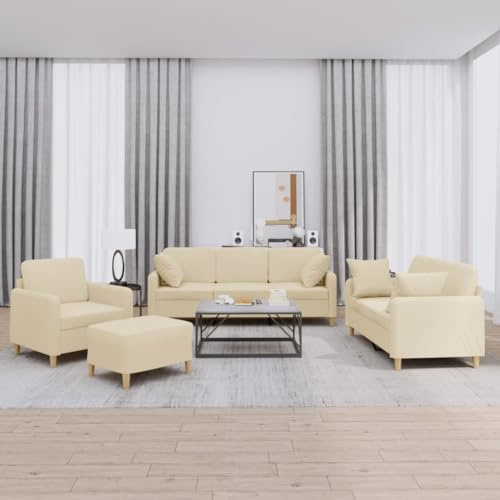 Yisssmeng Cremefarbene 4-TLG. Sofagarnitur mit Hocker, Modernes Wohnzimmer Sofa Set aus strapazierfähigem Stoff, Sessel Zweisitzer Dreisitzer für Living Room, Studio & Büro