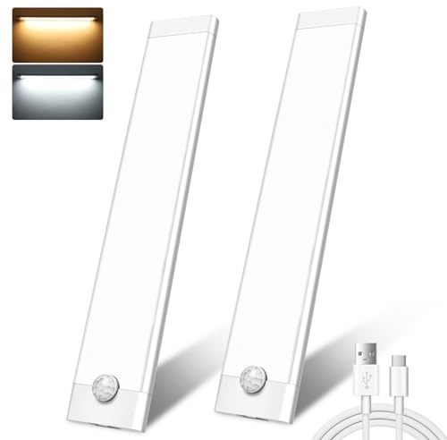 shirylzee Under Cupboard Kitchen Lights, 2 Pack 44 LEDs 3 Modes Motion Sensor,2000mAh USB Type-C Rechargeable Dimming Wardrobe Light,2 Color Temps Closet Light for Kitchen Stairs