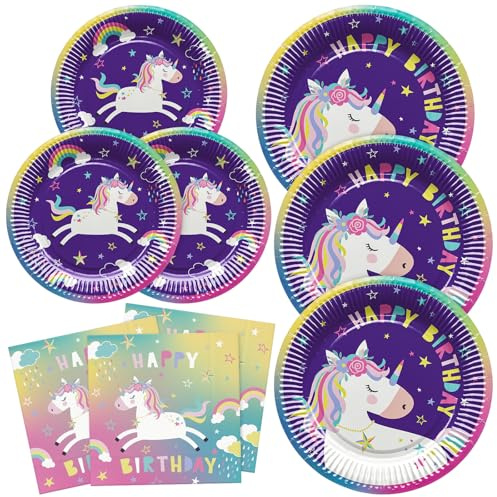 BFB Licorne Assiettes en papier et Serviettes pour 16 personnes Vaisselle de fête jetables pour fêtes d'anniversaire pour enfants