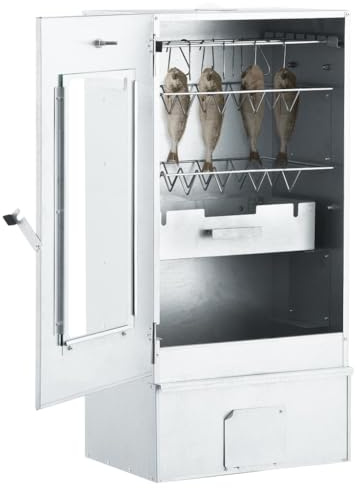 Rökugn av galvaniserat stål med kallröksgenerator och träspån, 44,5 x 29 x 83 cm, inklusive S-krokar, rost, termometer, perfekt för utomhus grillning, kött, fisk och grönsaker