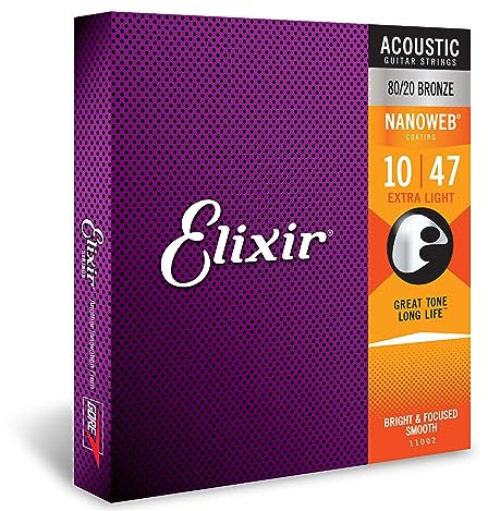 Corde per chitarra acustica bronzo 80/20 Elixir Strings con rivestimento NANOWEB, Extra Light (.010-.047)