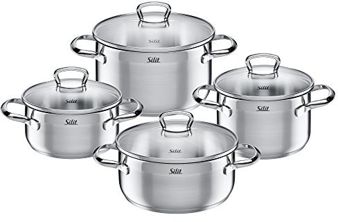 Silit Toskana Topfset Induktion 4-teilig, Kochtopf Set mit Glasdeckel, Edelstahl teilmattiert, Induktions Töpfe Set unbeschichtet