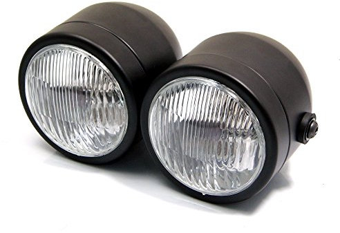 Alchemy Parts Retro Streetfighter Motorcycle Headlights | Motorbike Double Headlight Twin Dual Bulb 35W | Custom Dominator Warrior Bandit Trike (Black no Grill)