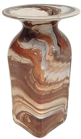 Oberstdorfer Glashütte Vase eckige farbige Glasvase beige braun Weiss marmorierte Kristallglasvase mundgeblasen Höhe ca. 15 cm