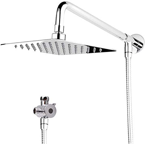 [Upgraded] IceMoon Wall Mount 8 inch Rainfall Square Stainless Steel Shower Head, Shower Arm,1.75m Double Interlocked Stainless Steel Hose,Teflon Tape Included, Chrome Finish