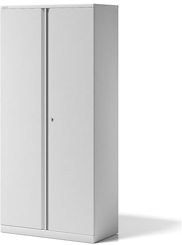 BISLEY Flügeltürenschrank Essentials mit 4 Fachböden für 5 Ordnerhöhen, Metall, 696 Verkehrsweiß, 47 x 91.4 x 198 cm | 4 Fachböden, 5 Ordnerhöhen, verkehrsweiß