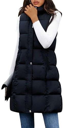 Tanming Women's Long Puffer Vest Casual Sleeveless Puffy Jacket with Removable Hood (Black-M)