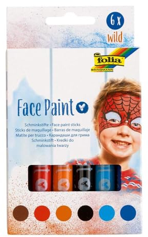 folia 380602 - Face Paint Schminkstifte Wild, 6 farbig sortierte Stifte für Kinder, dermatologisch getestet, wischfest, mit Wasser und Seife abwaschbar, ideal für Karneval, Fasching und Theater