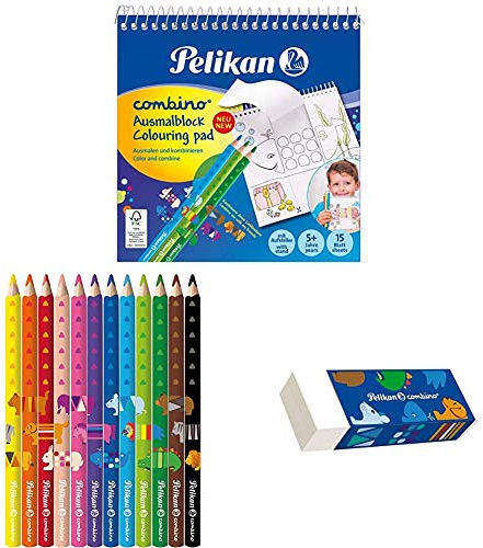 Pelikan 811231 Malblock Combino (mit Tiermotiven, 15x15 cm) 1 Stück + Combino-Set mit 12 Buntstiften und 1 Schreiblernbleistift im Metalletui + Radierer Combino, 1 Stück