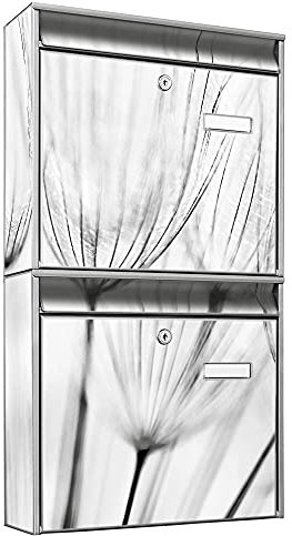 banjado Briefkastenanlage 2 Fach - 2 Briefkästen 36x64x10cm groß - Doppelbriefkasten Set - Namensschild, 2 Schlüssel, Montagematerial - Stahl verzinkt Silber - Motiv Pusteblumen SW