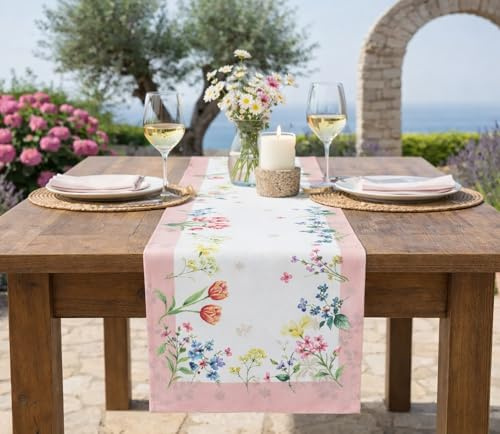KAMACA Tischläufer Blumenwiese – 40x150 cm Läufer für Frühling und Sommer – Florales Druck-Motiv für Garten, Outdoor und Haus – Waschbare Tischwäsche mit rosa Rand