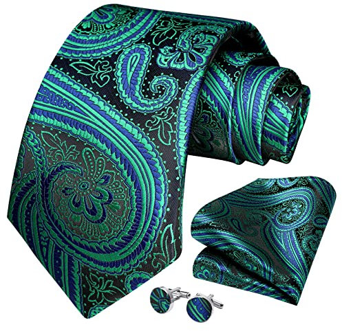 HISDERN Herren Krawatten-Set Seiden Paisley-Krawatte und Einstecktuch Krawatten-Set mit Einstecktuch-Manschettenknopf für das Hochzeitsgeschäft
