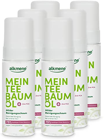 alkmene Mein Teebaumöl Reinigungsschaum Gesicht 6x 150 ml Pickel Reduktion 75% bestätigt - naturreines Teebaumöl, vegan & klimaneutral - Gesichtsreinigungs Schaum für unreine Haut - Waschschaum