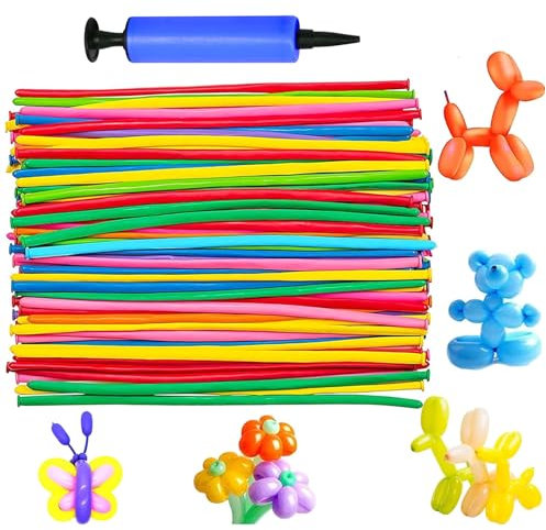 YOUYIKE Modelling Long Balloons, 100 pcs Magic Balloons with BalloonPump, Modelling Balloon Kit, Long Balloon for Creative Fun, for Arch Birthday Wedding Clown Decoration Christmas Party
