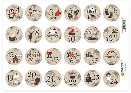 24x Aufkleber Adventskalender Zahlen - Sticker für Kalender für Weihnachten - zum Basteln -Adventskalenderzahlen Etiketten selbstklebend - Zahlenaufkleber