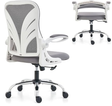 HOLLUDLE Ergonomischer Bürostuhl mit Klappbarer Rückenlehne, Schreibtischstuhl mit Erweitertem Sitz(52 cm), Hochklappbaren Armlehnen und Mesh Lendenwirbelstütze Drehstuhl Computerstuhl, Weiß