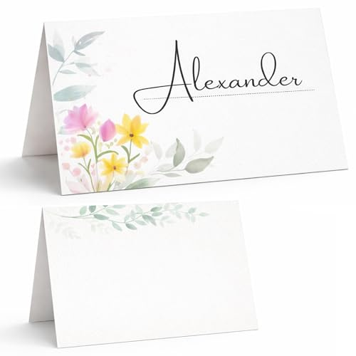 25 Tischkarten Hochzeit Wildblumen Design | Platzkarten & Namenskarten zum Beschriften | Tischkärtchen Sitzordnung Tischdeko für Hochzeit Geburtstag Taufe Konfirmation (25 Stk. Pastell Blumen)