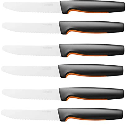 Fiskars 6 Stück Tafelmesser - Tomatenmesser Functional Form mit Wellenschliff rostfrei - Japanischer Edelstahl/Kunststoff - Schwarz/Orange