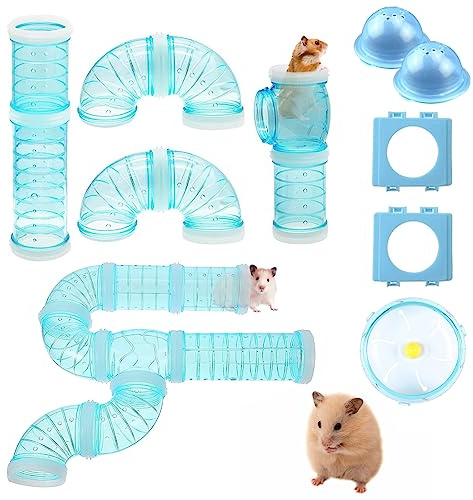 2-in-1 Hamster Röhren Set - Transparenter DIY Kreative Hamsterkäfig-Zubehör und Laufrad für Zwerg Hamster, Chinchilla, Ratte, Gerbil, Maus （Blau）
