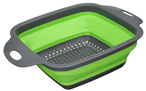 QUARKZMAN Colador Plegable, Silicona Cuadrado Colador Plegable con Mango Espacio Ahorro Adecuado para Pasta, Verduras, Frutas - Verde Grande