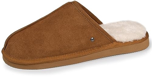 Isotoner Chaussons pantoufles Mules homme en cuir et interieur ultra doux en fausse fourrure, 44, camel