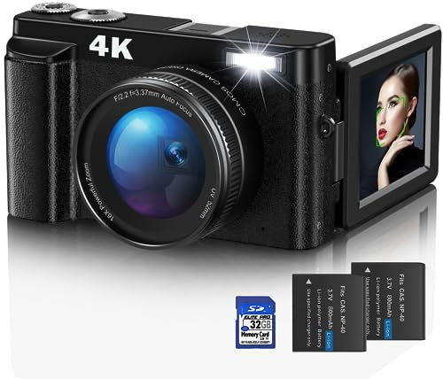 Digitalkamera,4K UHD Fotokamera Autofokus mit 32G Karte, 48MP Vlogging Kamera mit 180° Flip-Bildschirm und UV Linse,Kompaktkamera für Teenager Anfänger Erwachsene - Schwarz