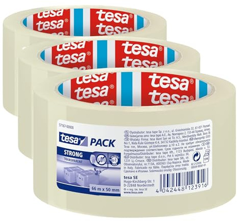 tesa Cinta adhesiva transparente strong 66 mt x 50 mm para embalaje bajo ruido (Paquete de 3)