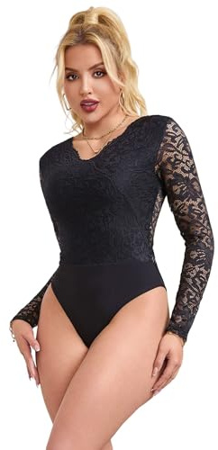 ohyeahlady Women's Sexy V Neck Lace Bodysuits Long Sleeve Body Suit Soft Stretch Leotard Top with Snap Crotch Black Plus Size UK 18