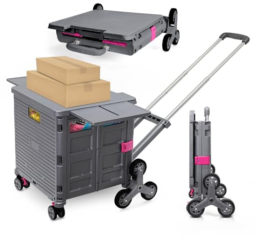 Foldable Utility Cart with Stair Climbing Wheels,Collapsible Rolling Crate with Magnetic Lid Telescopic Cover,Adjustable Telescoping Handle,360° Rotate Wheel Hand Cart for Teacher Shopping Moving