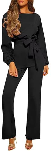 RMBLYfeiye Jumpsuit Damen Weiß Kostüm Erwachsene Overall Schwarz Boot-Ausschnitt Einfarbiges Festlich Hosenanzug Langarm Straight Leg Mit Gürtel