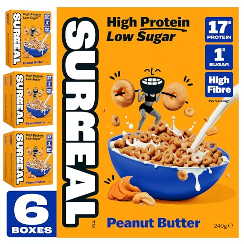 Surreal Peanut Butter - High Protein Cereal Gluten Free - Zero Sugar- Healthy Plant Based Cereal - High in Fibre - Low Carb - Vegan - 17g of Protein, 1g of Sugar - 240g per Box - 6 Pack (6 x Peanut)