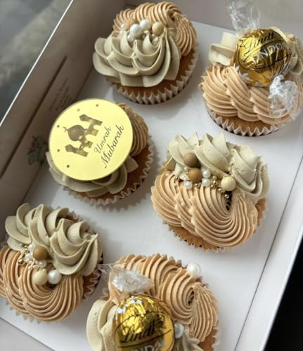 6 Gold Umrah Mubarak Cupcake Discs, Acrylic Reusable Toppers, Cake Disc, Topper, Decorations.