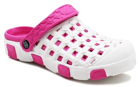 IMTY Womens Clogs Lightweight EVA Breathable Beach Summer Sandals Ladies Garden Hospital Shower Pool Shoes (White/Fuchsia, UK Footwear Size System, Adult, Women, Numeric, Medium, 7)