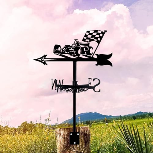 KIROJA Veleta de Viento de Coche de Carreras, Weathervane de Metal Paletas de Acero Inoxidable Indicador de Dirección de Viento para Exteriores, Techo de Hierro