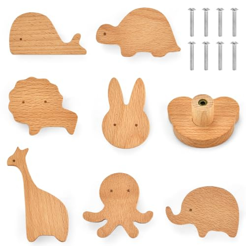 SLTAXAR 8 PCS Tiradores Infantiles de Madera, Pomos de Animales, Perillas Con Tornillos para Cajones, Armarios y Cómodas