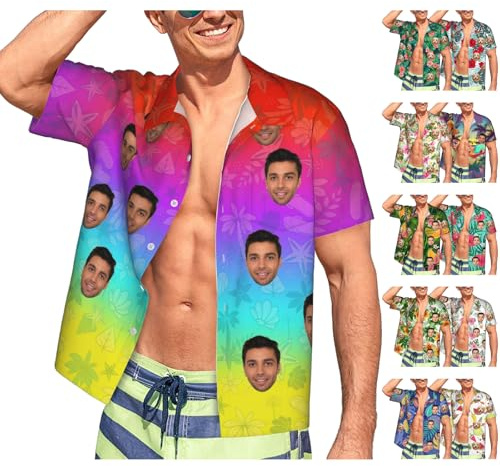 Chemises Hawaïennes Personnalisées avec Visage Chemises Boutonnées décontractées Personnalisées Chemise de Plage à Manches Courtes Chemises à Fleurs Tropicales et Feuilles de Palmier pour Hommes