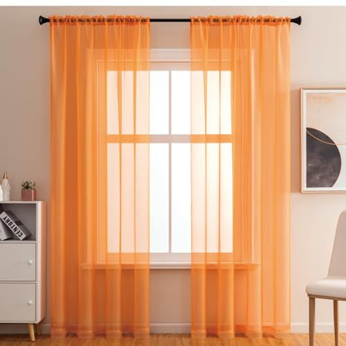 2er Set Transparent Vorhang Gardinen Wohnzimmer,Halbtransparent Vorhänge für Wohnzimmer, Moderne Gardine Voile Vorhangschals Ösenvorhang Dekoschal für Fenster Schlafzimmer Balkontür100x270cm Orange