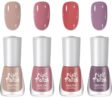 DMQ Nail Polish Set, 4pcs Nude Pink, Red, Purple Nail Varnish, Quick Dry & Long Lasting, No UV Lamp Needed