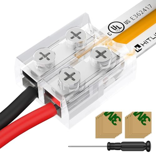 HitLights 12 Pack LED Connector 2 Pin 8mm Solderless LED Tape Lights Connector Transparent LED Strip Lights Connectors with Screwdriver Strip to Wire for 12V 24V Single Color LED Light Strips