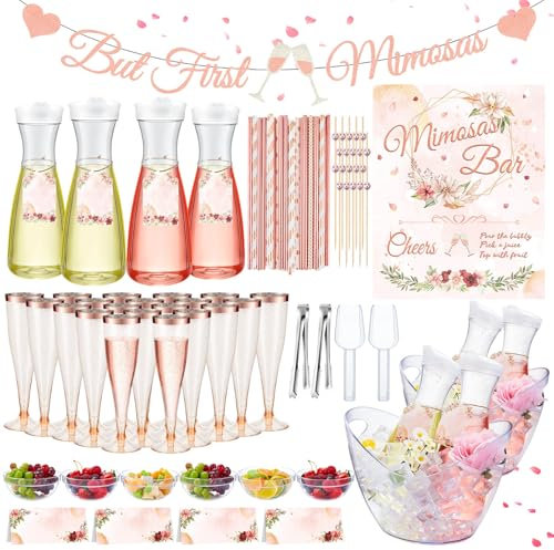 Pickmesh 237 Pcs Mimosa Bar Set up Supplies Kit - 2 Acrylic Beverage Tubs, 4 Carafes, 6 Bowls, 20 Champagne Flutes, 100 Straws & Picks, Banner, Mimosa Bar Gift Ideas for Bridal Shower Decoration