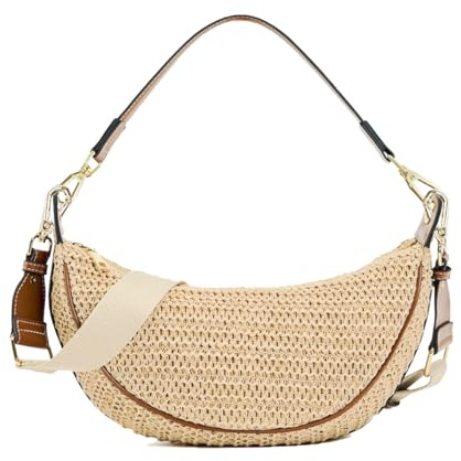 Stroh-Crossbody-Tasche für Damen, Strand, gewebt, Hobo-Handtasche, Sommer, schick, Halbmond-Schulter-Geldbörsen mit verstellbarem Riemen
